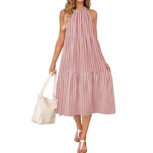 Zesica Womens Pink Striped Tiered Maxi Dress Sleeveless Pockets Size S NEW